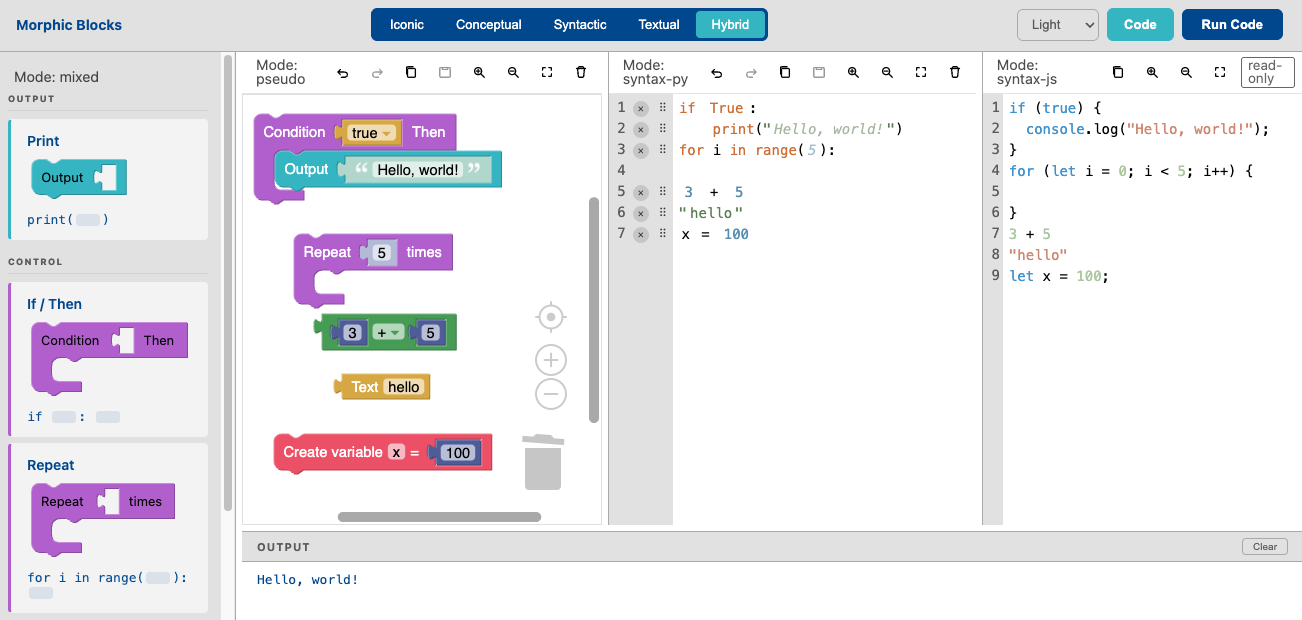 The editor in its hybrid preset: an icon toolbox on the left, a block workspace in pseudo mode, and the same program as Python and JavaScript source beside it, with the program output below